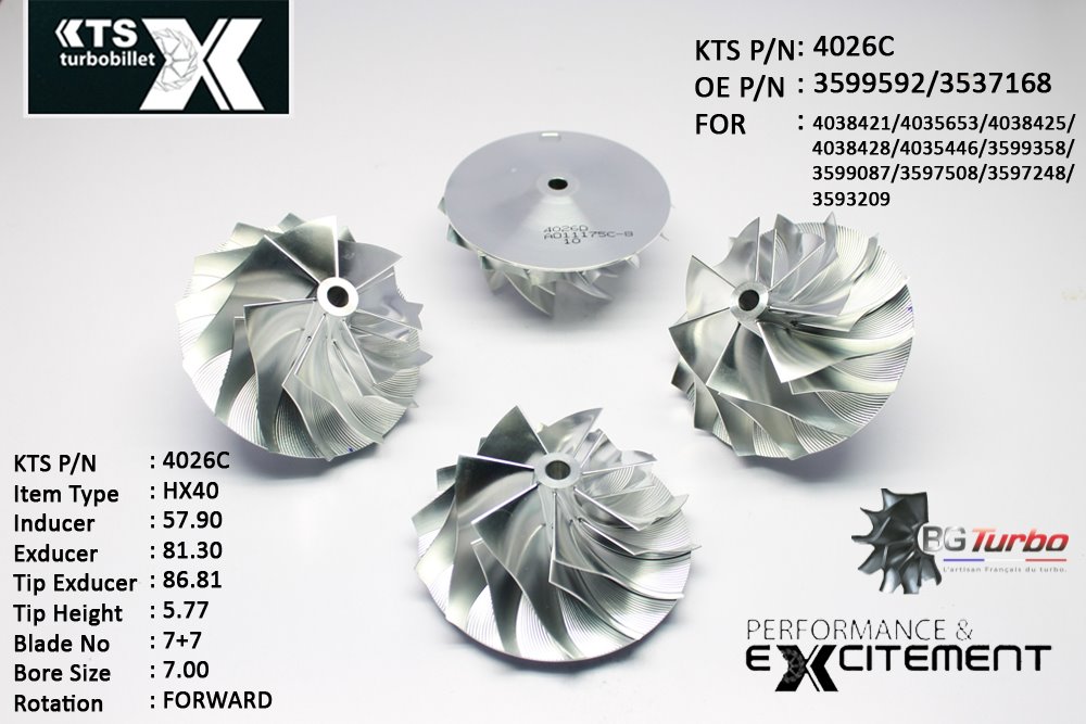 Turbo ROUE FORGÉE MFS PERFORMANCE - 7+7 PALES - INDUCER : 57,9 - EXDUCER : 81,3 - TYPE : HX40ANGLE : 55° - ROTATION : Forward - SUPER BACK : 5,01 - BORE SIZE : 7
